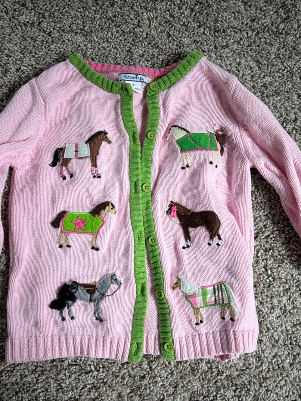 Hartstrings Pink Cardigan with Green Trim and Horse Appliqués